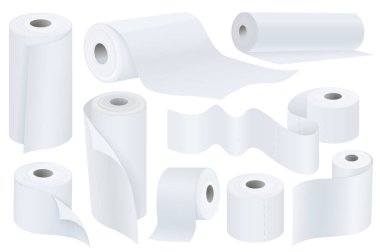 Tuvalet kağıdı mega set grafik elementler düz tasarım. Bir deste beyaz kağıt rulo, dalga bantlı hijyenik mendil, mutfak havlusu ya da banyo aksesuarı. Vektör illüstrasyonu izole nesneler