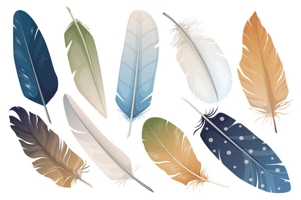 Realistic feathers mega set graphic elements in flat design. Bundle of different types and colors bird fluffy feathers for decoration templates in boho and other. Vector illustration isolated objects