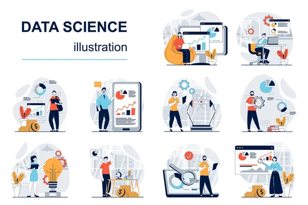 Data Science Concept Character Situations Mega Set Bundle Scenes People — Stock Vector