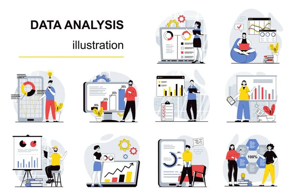 Data Analysis Concept Character Situations Mega Set Bundle Scenes People — Stock Vector