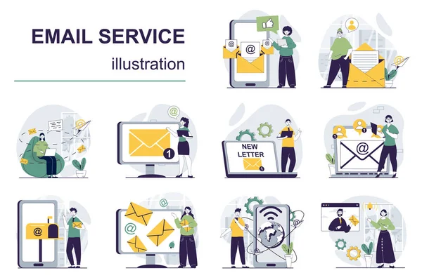 Email Service Concept Character Situations Mega Set Bundle Scenes People — Stock Vector