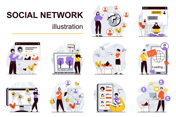 Soziales Netzwerk Konzept Mit Mega Charaktersituationen Szenenbündel Dem Menschen Sozialen — Stockvektor