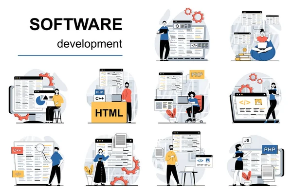 소프트웨어 개념은 세트이다 사람들 프로그램 코드를 코딩하고 테스트하고 만들고 컴퓨터에서 — 스톡 벡터