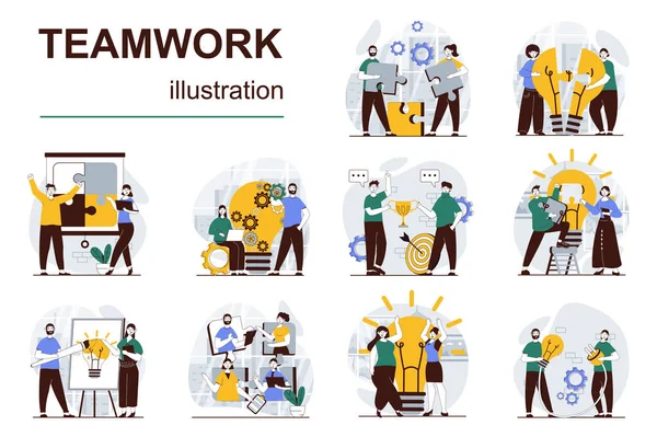 Teamwork Concept Character Situations Mega Set Bundle Scenes People Working — Stock Vector