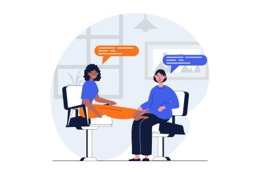 Karakter sahnesi olan güzellik salonu konsepti. Kadın profesyonel ayak masajı ve masöz muayenesi yaptırıyor. Düz dizaynlı insanlar. Sosyal medya pazarlama materyali için resim.