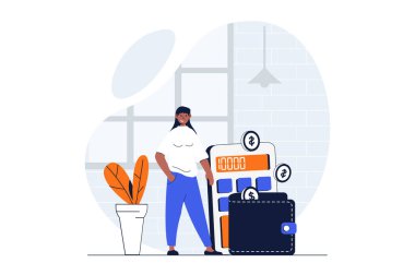 Karakter sahnesi olan iş planlama web konsepti. Kadın bütçeyi hesaplar, strateji ve yatırım yaratır. Düz dizaynlı insanlar. Sosyal medya pazarlama materyali için resim.