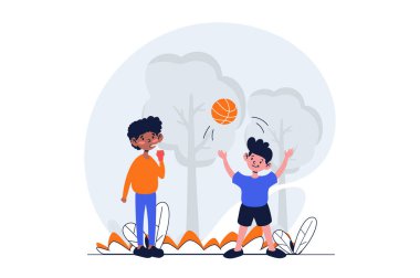 Çocuklar karakter sahnesiyle web konsepti oynuyorlar. Yakışıklı çocuklar topla basketbol oynar, parkta birlikte yürürler. Düz dizaynlı insanlar. Sosyal medya pazarlama materyali için resim.