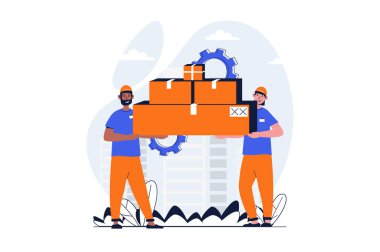 Karakter sahnesi olan servis hizmeti web konsepti. Erkek yükleyiciler karton kutular ve kargo paketleri taşıyorlar. Düz dizaynlı insanlar. Sosyal medya pazarlama materyali için resim.