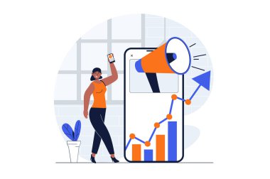 Karakter sahnesi olan dijital pazarlama web konsepti. Farklı reklam içerikleri yaratan, verileri analiz eden bir kadın. Düz dizaynlı insanlar. Sosyal medya pazarlama materyali için resim.