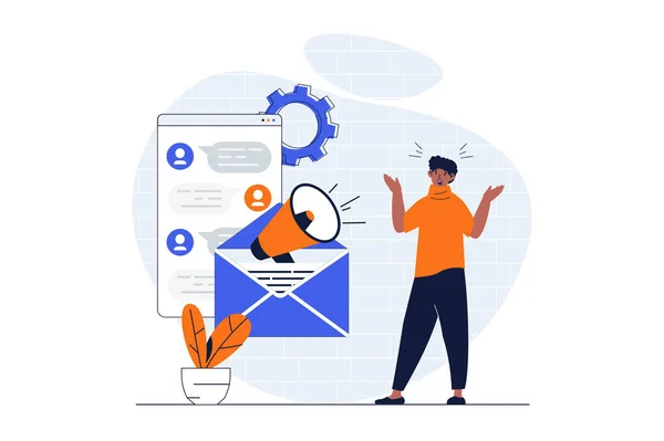 Email marketing web concept with character scene. Man making advertising in online chats and promo mailings. People situation in flat design. Illustration for social media marketing material.