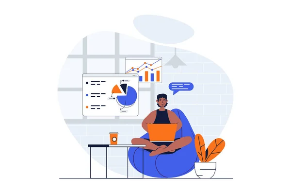 Freelance working web concept with character scene. Man making data report while sitting in chair at home. People situation in flat design. Illustration for social media marketing material.