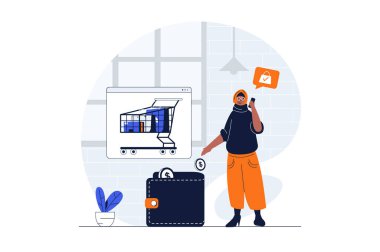 Ödeme web konsepti ve karakter sahnesi. Arap Müslüman kadın alışveriş yapıyor ve online alışveriş yapıyor. Düz dizaynlı insanlar. Sosyal medya pazarlama materyali için resim.