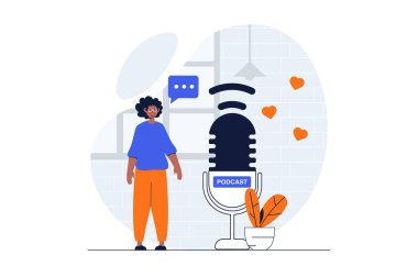 Karakter sahnesi olan internet yayını konsepti. Podcast şovu için mikrofona ses kaydeden adam. Düz dizaynlı insanlar. Sosyal medya pazarlama materyali için resim.