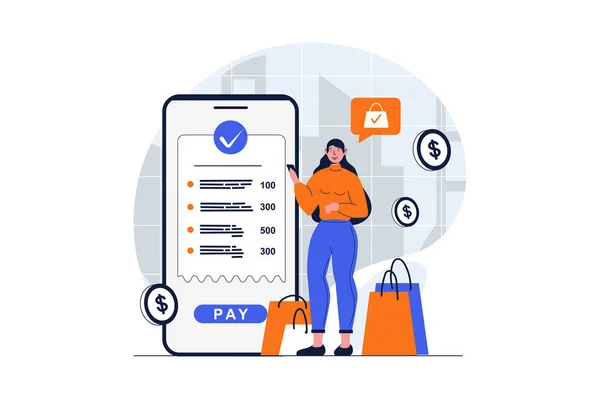 Secure payment web concept with character scene. Woman paying bills with protect of personal financial data. People situation in flat design. Illustration for social media marketing material.