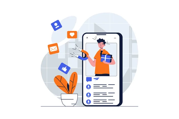 Social media marketing web concept with character scene. Man attracting audience with magnet content in blog. People situation in flat design. Illustration for social media marketing material.