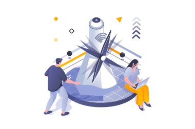 3D izometrik tasarımda eko yaşam tarzı kavramı. Enerji üretimi için rüzgar türbinleri istasyonu, sürdürülebilir alternatif kaynaklar teknolojisi. Web grafiği için izometrik insan sahnesiyle vektör illüstrasyonu