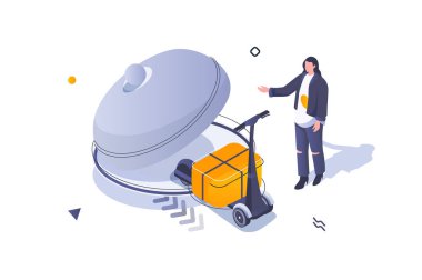 Yemek dağıtım konsepti 3 boyutlu izometrik tasarım. Lokantadan sipariş veren ve kurye tekmeli scooterla ekspres nakliye kullanan bir kadın. Web grafiği için izometrik insan sahnesiyle vektör illüstrasyonu