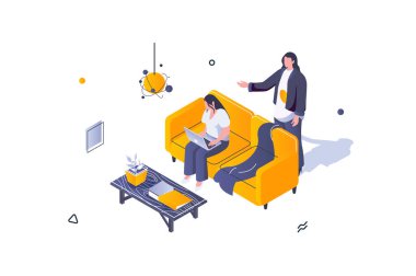 İç mekan konsepti 3D izometrik tasarım. Kadınlar kanepe ve sehpanın yanında konuşuyor. Oturma odasında mobilya ve dekorasyon. Web grafiği için izometrik insan sahnesiyle vektör illüstrasyonu
