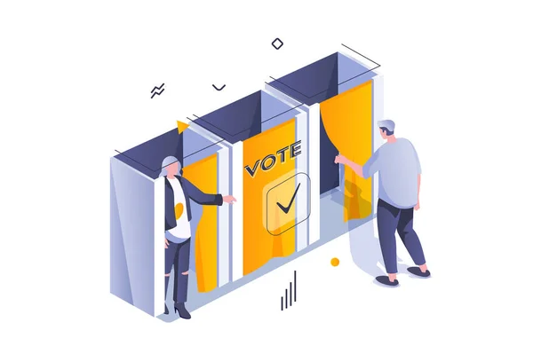 3Dアイソメトリックデザインでの選挙と投票の概念 男性と女性の有権者は投票所で政治的候補者を選ぶ ウェブグラフィックのための等角線の人々のシーンとベクトルイラスト — ストックベクタ
