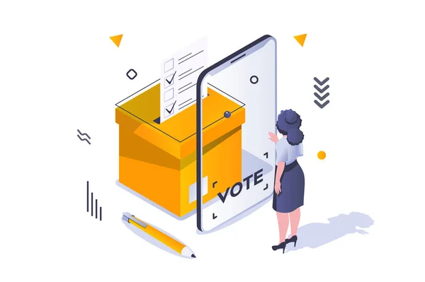 3Dアイソメトリックデザインでの選挙と投票の概念 女性有権者は政治的な候補者を選択し 電子投票のSt画面にチェックを入れます ウェブグラフィックのための等角線の人々のシーンとベクトルイラスト — ストックベクタ