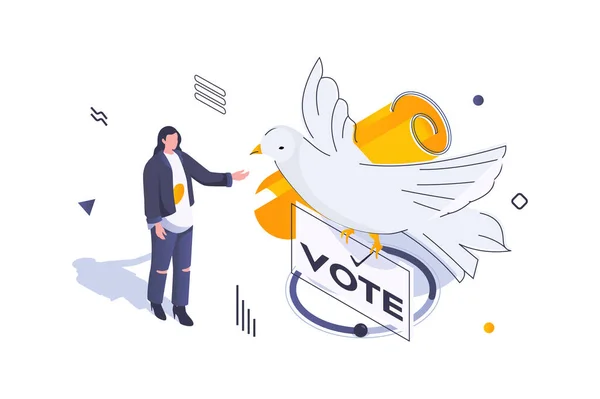 3Dアイソメトリックデザインでの選挙と投票の概念 平和外交と鳩のシンボルを持つパーティーのための民主的な選挙で女性投票 ウェブグラフィックのための等角線の人々のシーンとベクトルイラスト — ストックベクタ