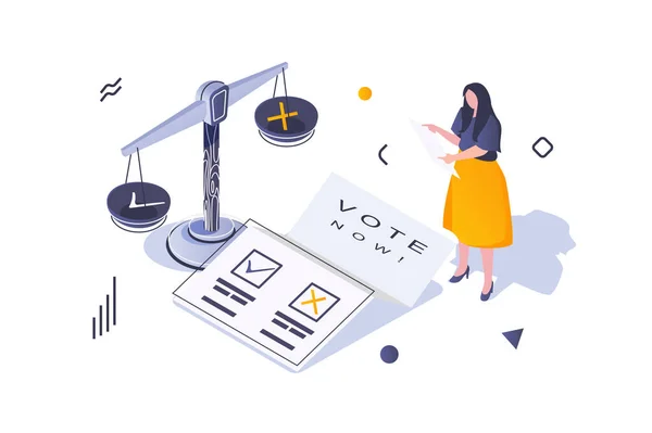 3Dアイソメトリックデザインでの選挙と投票の概念 女性は投票所で投票することによって決定と選択の政治家を作る ウェブグラフィックのための等角線の人々のシーンとベクトルイラスト — ストックベクタ