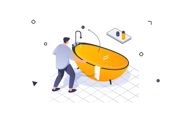 Home Interior Concept Isometric Design Man Stand Bathtub Shelf Bathroom — Stock Vector