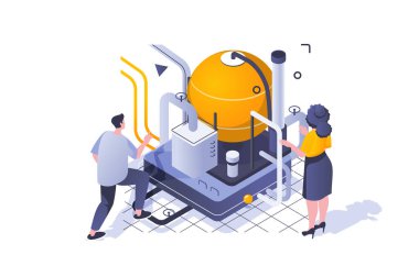 Oil Industry concept in 3d isometric design. Engineers working at oil refinery plant, check and control machinery infrastructure. Vector illustration with isometric people scene for web graphic clipart