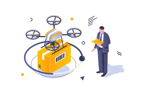 Transportation Logistics Concept Isometric Design Man Uses Drone Flying Delivery — Stock Vector