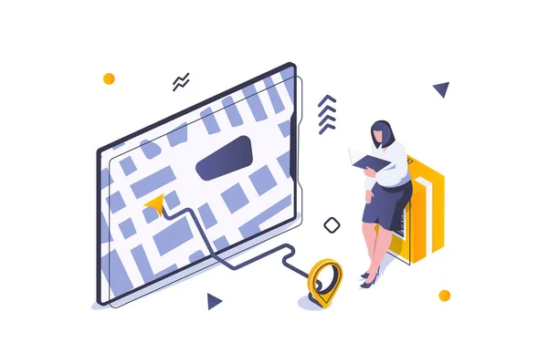 Transportation Logistics Concept Isometric Design Woman Ordering Delivery Boxes Tracking — Stock Vector