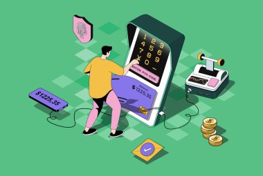 Mobil bankacılık konsepti 3 boyutlu izometrik tasarım. Çevrimiçi güvenli ödemeler, transferler ve mali yönetim için başvuru yapan bir adam. Web grafiği için izometri insanlarıyla vektör illüstrasyonu