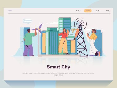 Düz tasarım için akıllı şehir web sitesi konsepti. Kablosuz teknolojiyi, yeşil enerjiyi ve ekolojik altyapıyı kullanan kadın ve erkek. Web sitesi web sayfası için insanların görüntüleriyle vektör illüstrasyonu