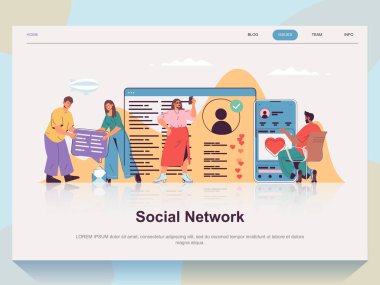 Düz tasarım için sosyal ağ web sayfası konsepti. Kadın ve erkek internette sohbet ediyorlar, mesajlar gönderiyorlar, yorumlar ve benzeri şeyler bırakıyorlar. Web sitesi web sayfası için insanların görüntüleriyle vektör illüstrasyonu