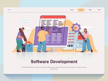 Düz tasarım iniş sayfası için yazılım geliştirme web konsepti. Kadın ve erkek beyin fırtınası yapıyor ve program kodları yaratıyor, teknik destek ekibi. Web sitesi web sayfası için insanların görüntüleriyle vektör illüstrasyonu