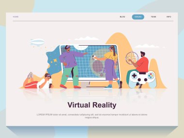 Virtual reality web concept for landing page in flat design. Man and woman using VR technology and metaverse for gaming, network, education. Vector illustration with people scene for website homepage clipart