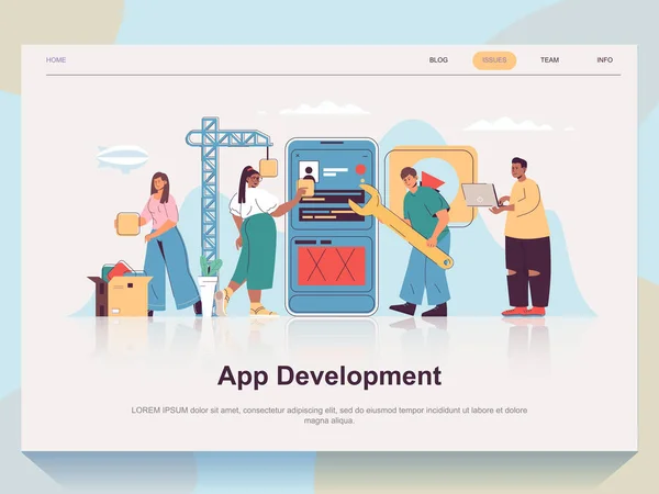 App Fejlesztési Web Koncepció Kezdőlap Lapos Design Férfi Dolgozik Mobil — Stock Vector