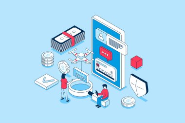 Mobil cüzdan uygulaması 3 boyutlu izometrik tasarım. Çevrimiçi bankacılık hizmetlerinde finansal hesapları ve kredi kartlarını yöneten ve kontrol eden insanlar. Web grafiği için izometri sahnesi olan vektör illüstrasyonu