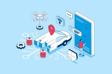 3D izometrik dizaynlı akıllı araba konsepti. Çevrimiçi navigasyon haritasını kullanarak akıllı telefon uygulaması olan otonom otomobili yöneten insanlar. Web grafiği için izometri sahnesi olan vektör illüstrasyonu