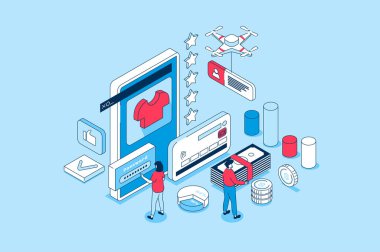 Sosyal medya pazarlama konsepti 3 boyutlu izometrik tasarım. Çevrimiçi alışveriş yapan, sipariş veren, hedef kitleyi çekmek için reklam yapan insanlar. Web grafiği için izometri sahnesi olan vektör illüstrasyonu