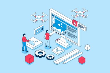 3D izometrik dizayn web tasarımı konsepti. İnsanlar içerikli sayfalar oluşturuyorlar, afişler ve anasayfalar yapıyorlar, programlama ve kodlama yapıyorlar. Web grafiği için izometri sahnesi olan vektör illüstrasyonu