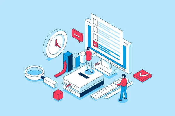 stock vector Online survey concept in 3d isometric design. People giving feedback and marking answer in questionnaire, voting in digital form on computer. Vector illustration with isometry scene for web graphic