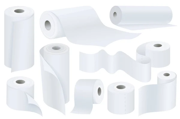 在平面设计中 厕纸特集图形元素 用卫生巾 厨房毛巾或盥洗室配件的波浪带做的一捆白色纸卷模型 说明隔离对象 — 图库照片