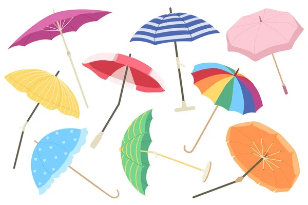 傘メガフラットデザインのグラフィック要素を設定します 色やパターンが異なるオープンパラソルのバンドル ビーチ 雨や晴れた日のためのハンドルの種類 イラスト孤立オブジェクト — ストック写真
