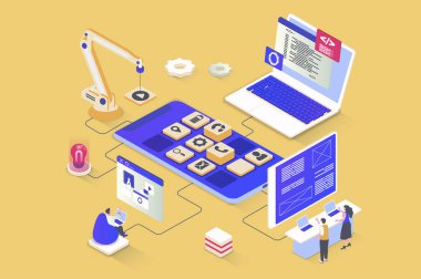 Uygulama geliştirme konsepti 3 boyutlu izometrik tasarım. UI UX düzeni geliştirme, uygulama arayüzleri programlama, mobil yazılım kodlama. Web grafiği için izometri insanlarıyla görüntü