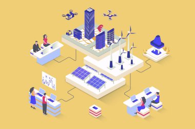 Yeşil şehir konsepti 3 boyutlu izometrik tasarım. Gökdelenleri, alternatif enerji kaynakları ve çevre dostu altyapısı olan şehir manzarası. Web grafiği için izometri insanlarıyla görüntü