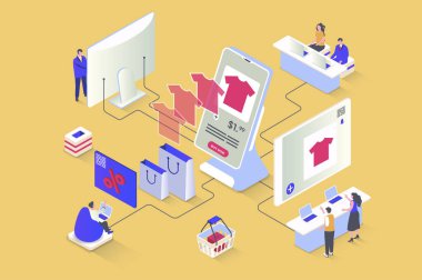 Çevrimiçi alışveriş konsepti 3D izometrik tasarım. Alıcılar mobil uygulamalar ve mağaza siteleri kullanarak indirimli fiyatlı ürünler seçiyorlar. Web grafiği için izometri insanlarıyla görüntü