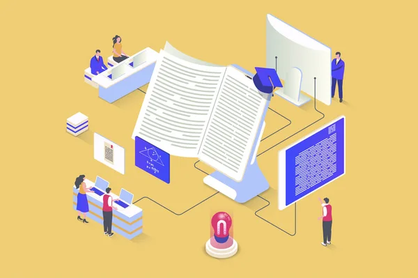 Online studying concept in 3d isometric design. Students read books, study literature and science, make homework for lessons at home. Illustration with isometry people scene for web graphic