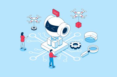3 boyutlu izometrik tasarımda yapay zeka kavramı. İnsanlar ai robotları yaratıyor, çalışıyor ve programlıyor, makine öğrenimi ve otomasyon. Web grafiği için izometri sahnesi ile illüstrasyon