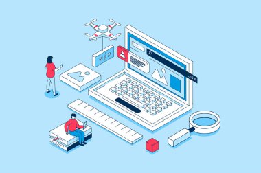 Web sitesi 3 boyutlu izometrik tasarım konsepti oluşturuyor. UI UX arayüzü ve web sayfaları oluşturan insanlar, kodlarla çalışıyorlar, betikleri prototip ediyorlar ve test ediyorlar. Web grafiği için izometri sahnesi ile illüstrasyon
