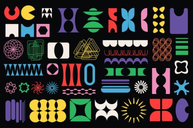 Retro geometrik şekiller grafiksel düz dizaynda mega set oluşturur. Renkli figürler ve dekoratif vahşi şekiller kolajı klasik Bauhaus Memphis tarzı. Vektör illüstrasyonu izole nesneler